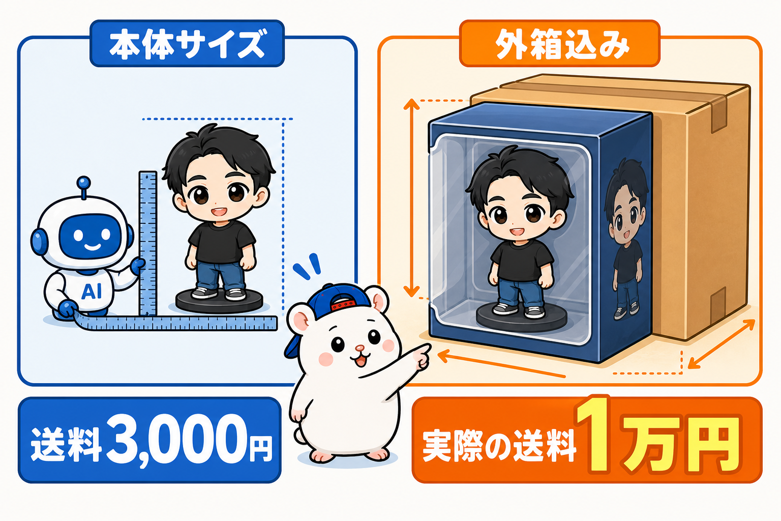 本体サイズと外箱込みサイズの差