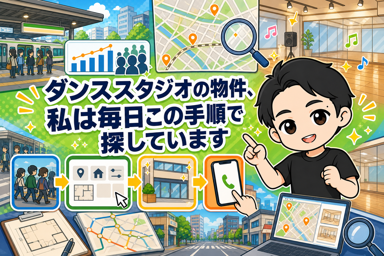 ダンススタジオの物件、私は毎日この手順で探しています