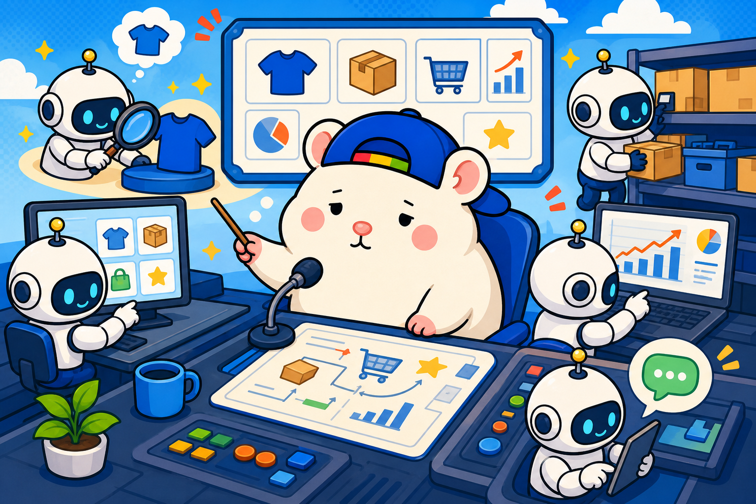 チャムの指示で複数のAI社員がeBay運営業務を分担する様子