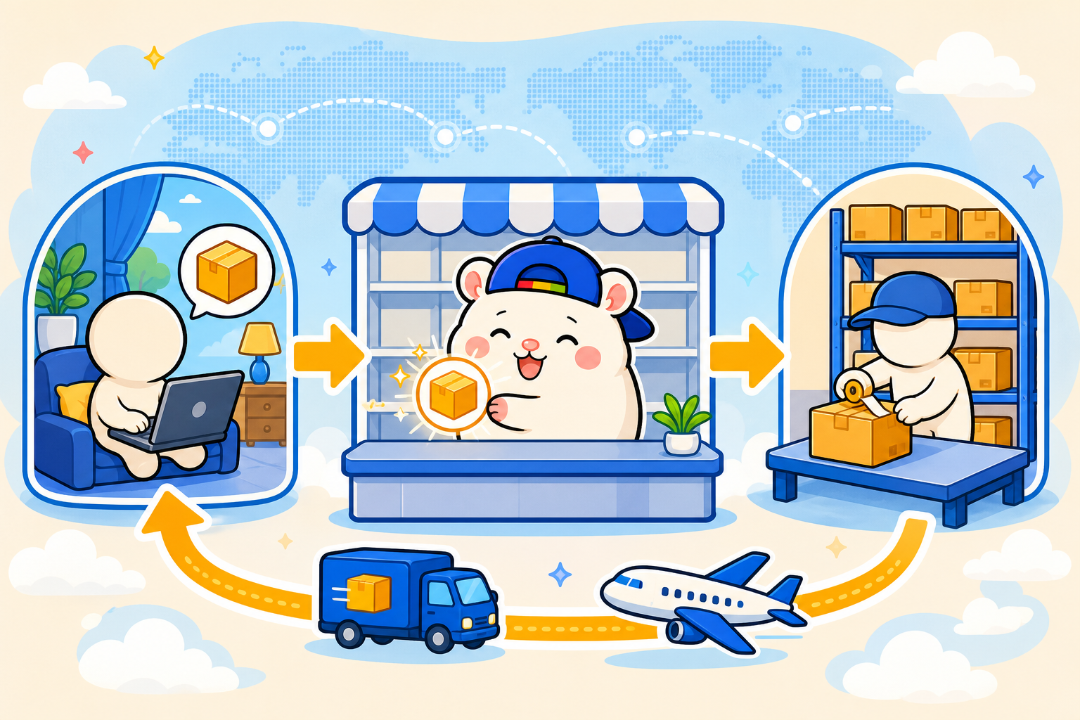 注文後にメーカーから商品が直送される無在庫販売の流れ