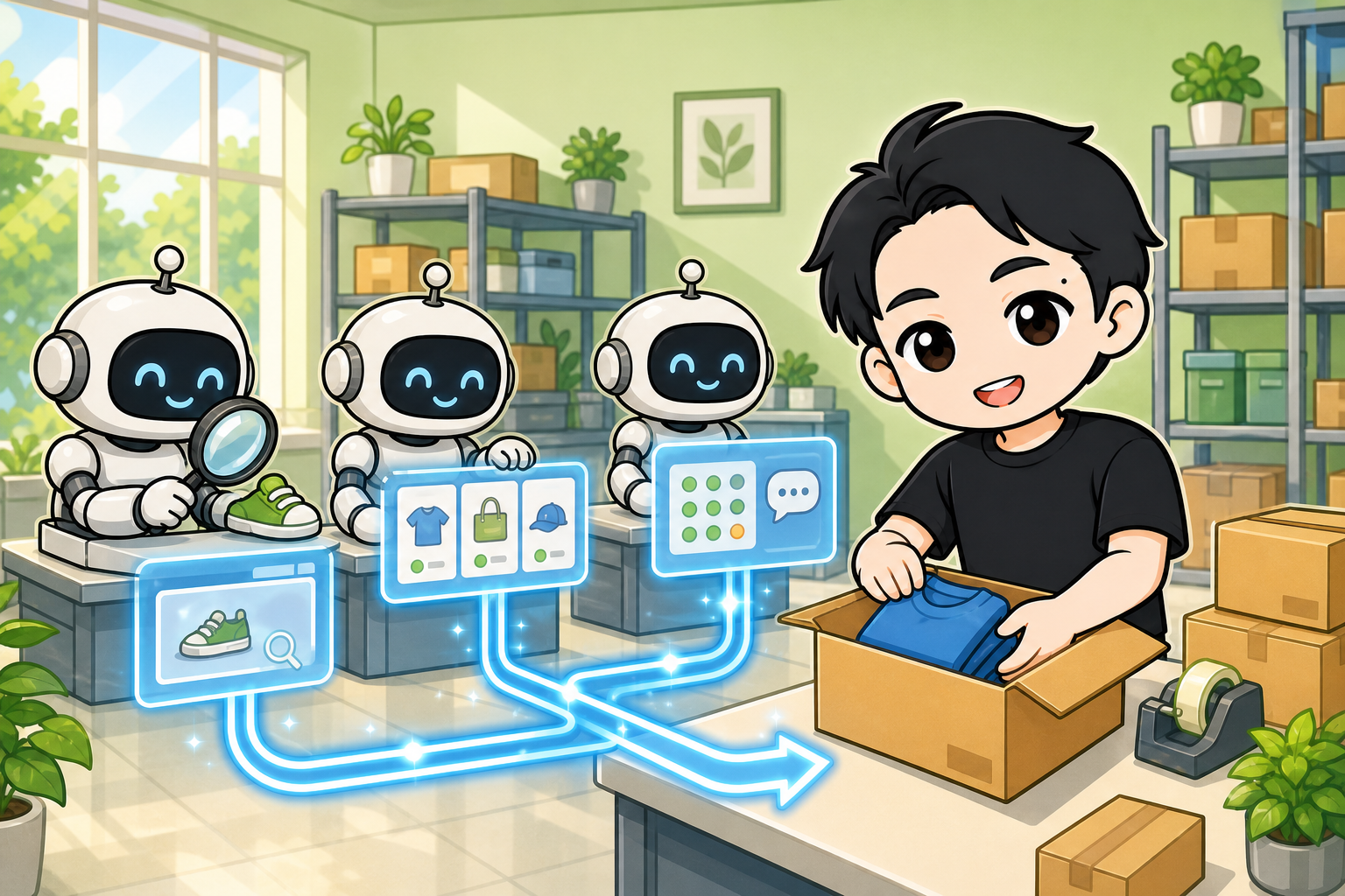 AIが運営業務を担い人が梱包する図解