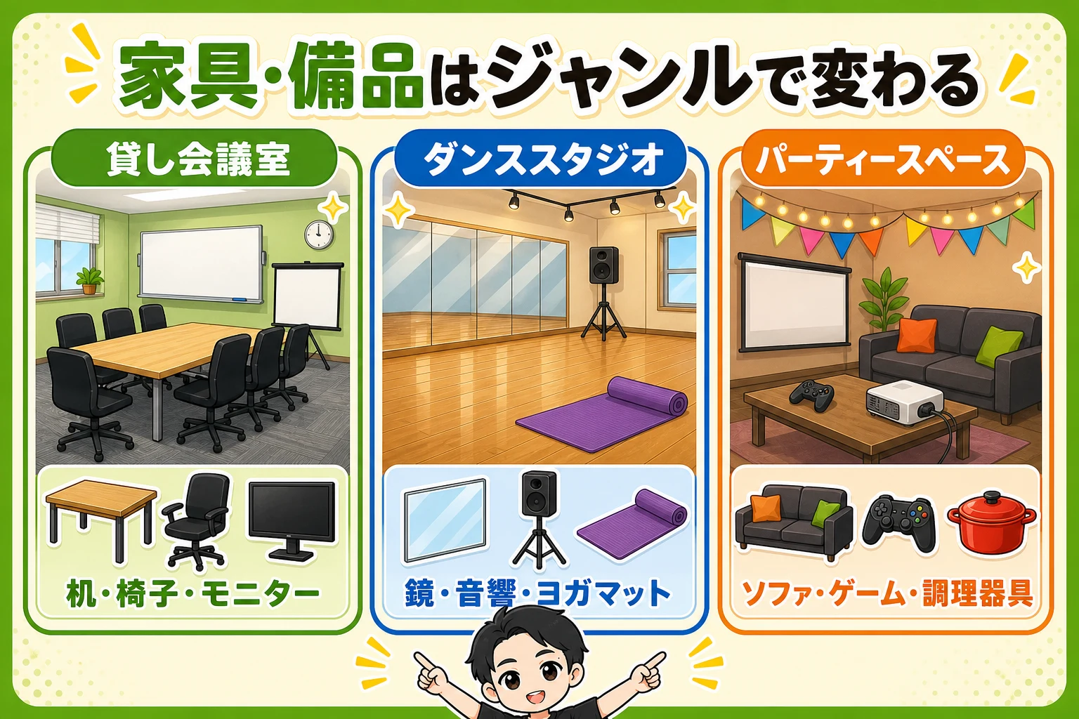 貸し会議室、ダンススタジオ、パーティースペースで必要な家具と備品の比較