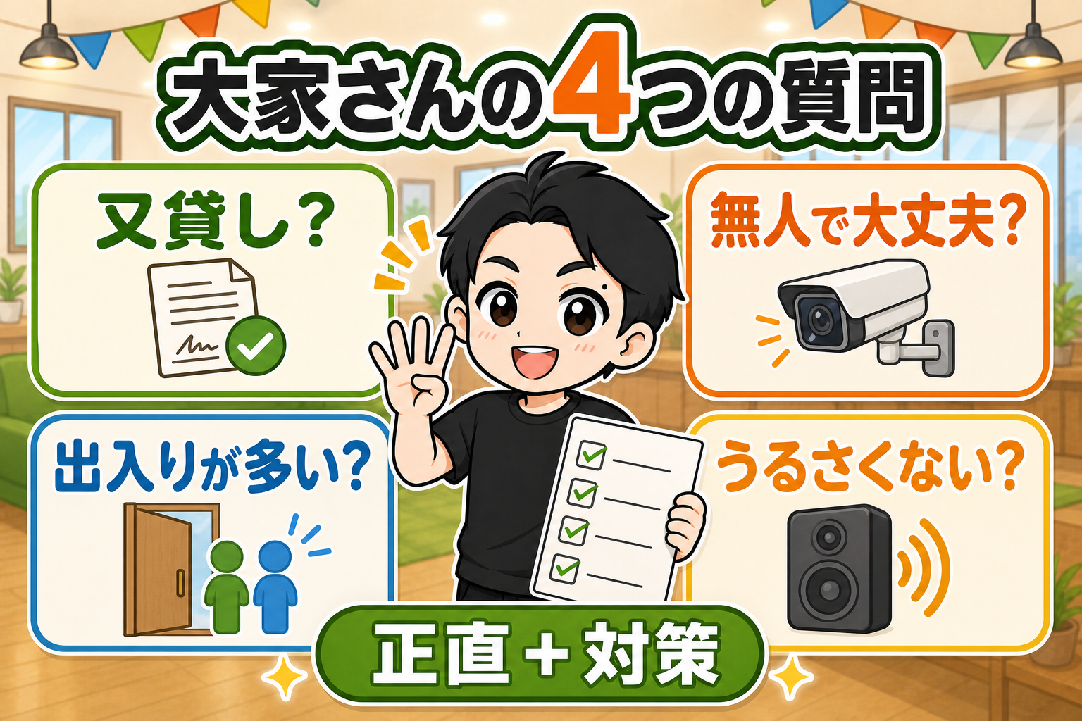 大家さんに聞かれる又貸し、無人、出入り、騒音の4つの質問と正直プラス対策の図解