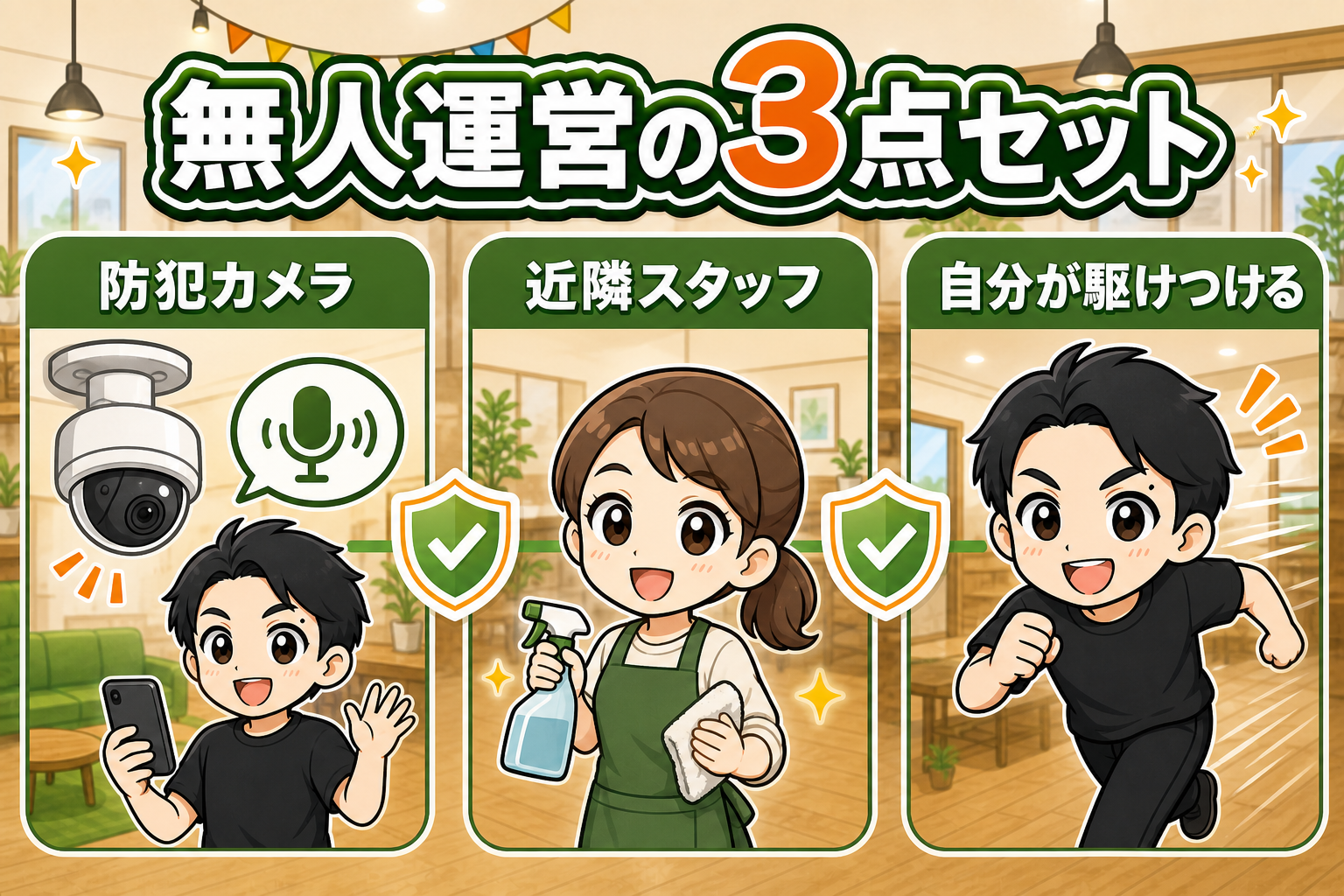 無人運営の防犯カメラ、近隣スタッフ、自分が駆けつける3点セット