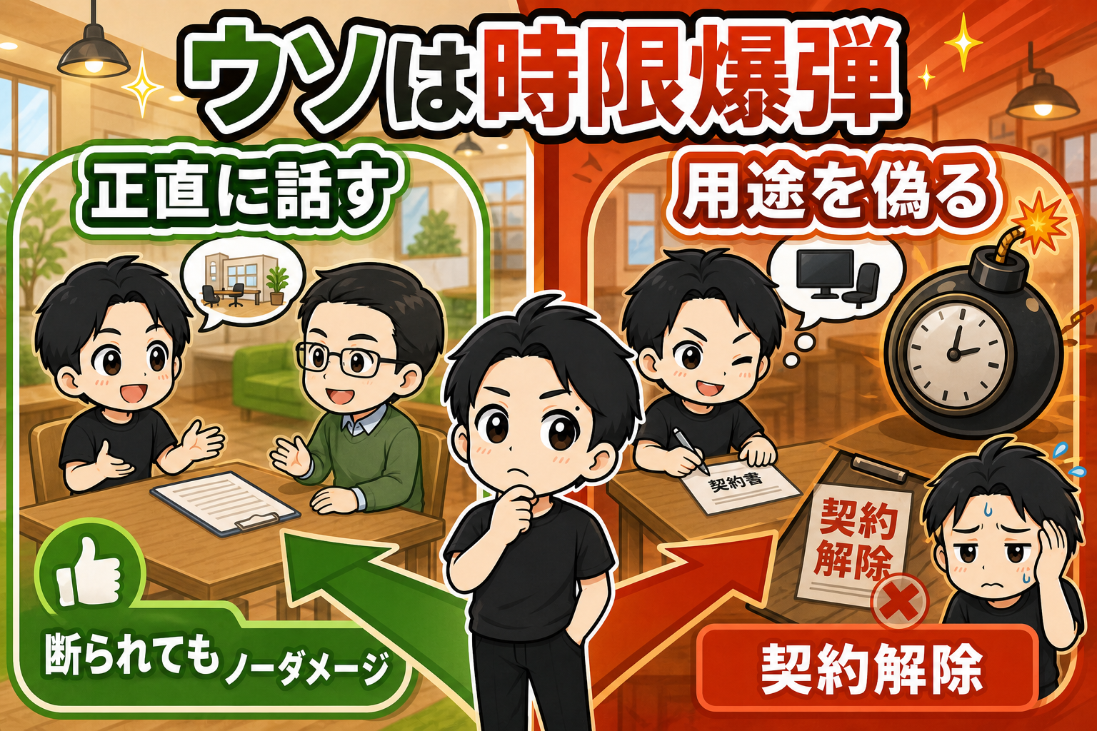 正直に話せば断られてもノーダメージ、用途を偽ると契約解除となる時限爆弾の図解