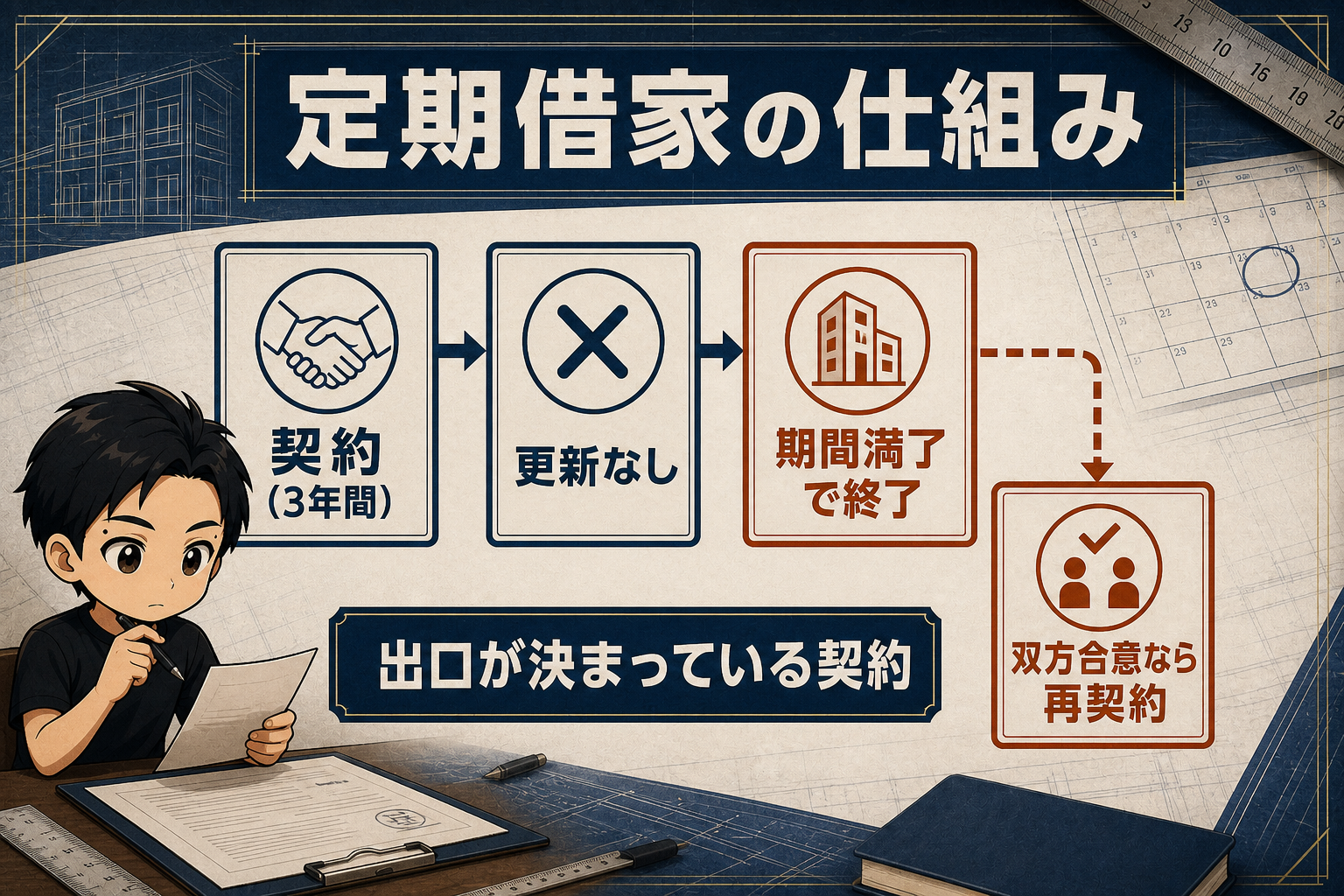 定期借家は更新がなく期間満了で終了し、双方合意なら再契約できる仕組みの図解
