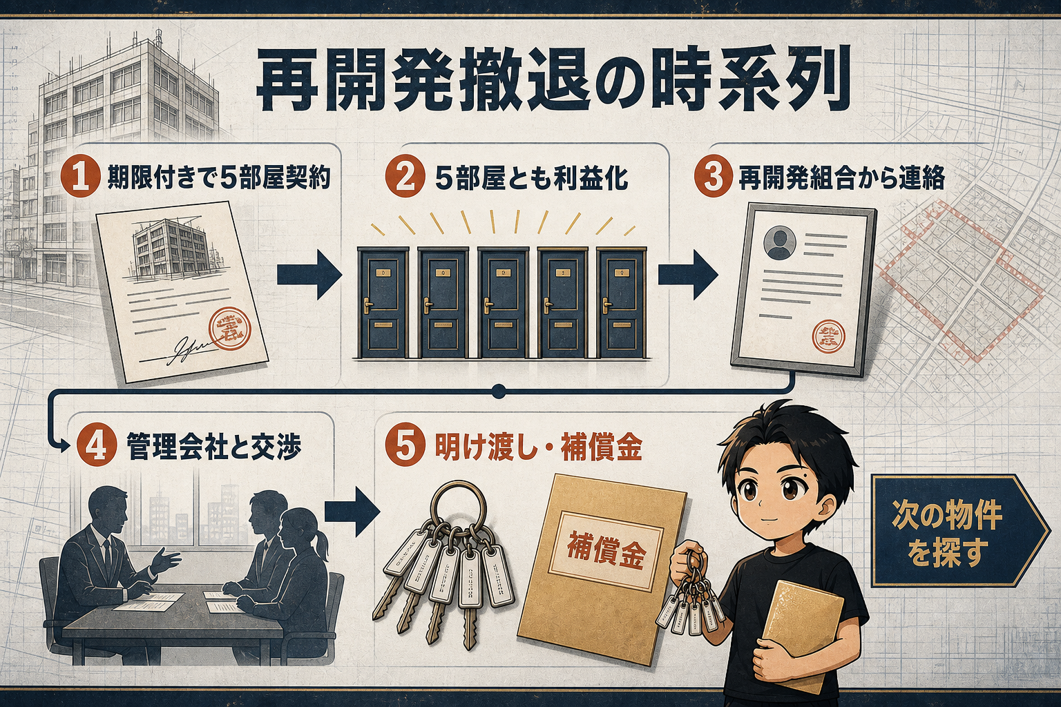 期限付きで5部屋を契約し、利益化、再開発組合からの連絡、管理会社との交渉、明け渡しと補償金までの時系列