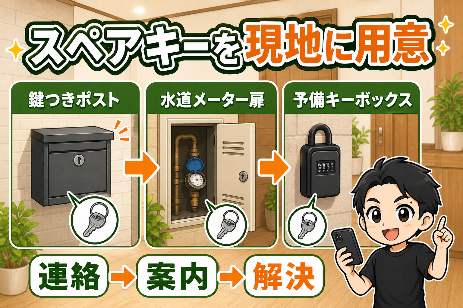 鍵つきポスト、水道メーター扉、予備キーボックスにスペアキーを用意する方法の図解