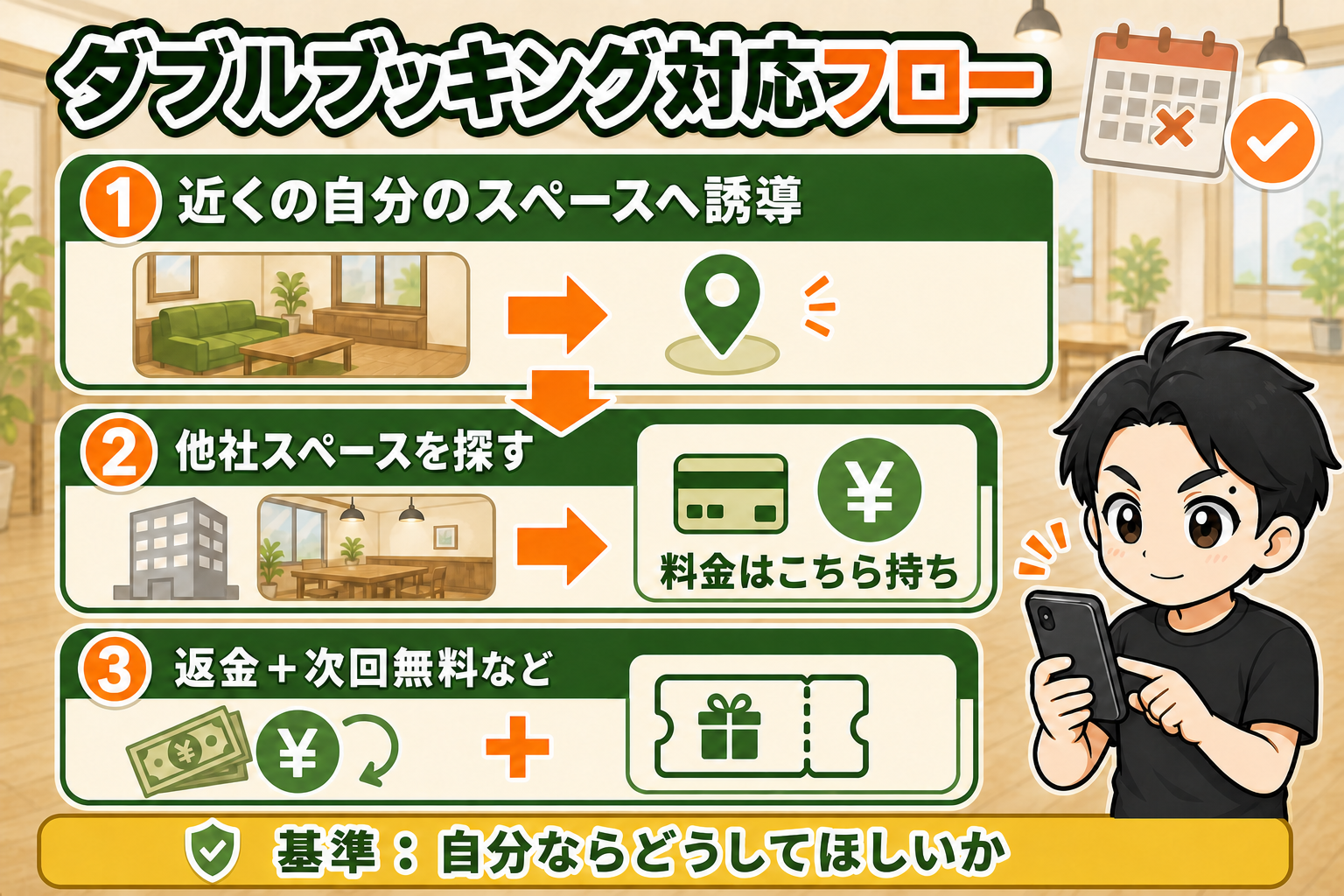 ダブルブッキング時に自分の近隣スペース、他社スペース、返金と次回無料の順で対応するフロー図