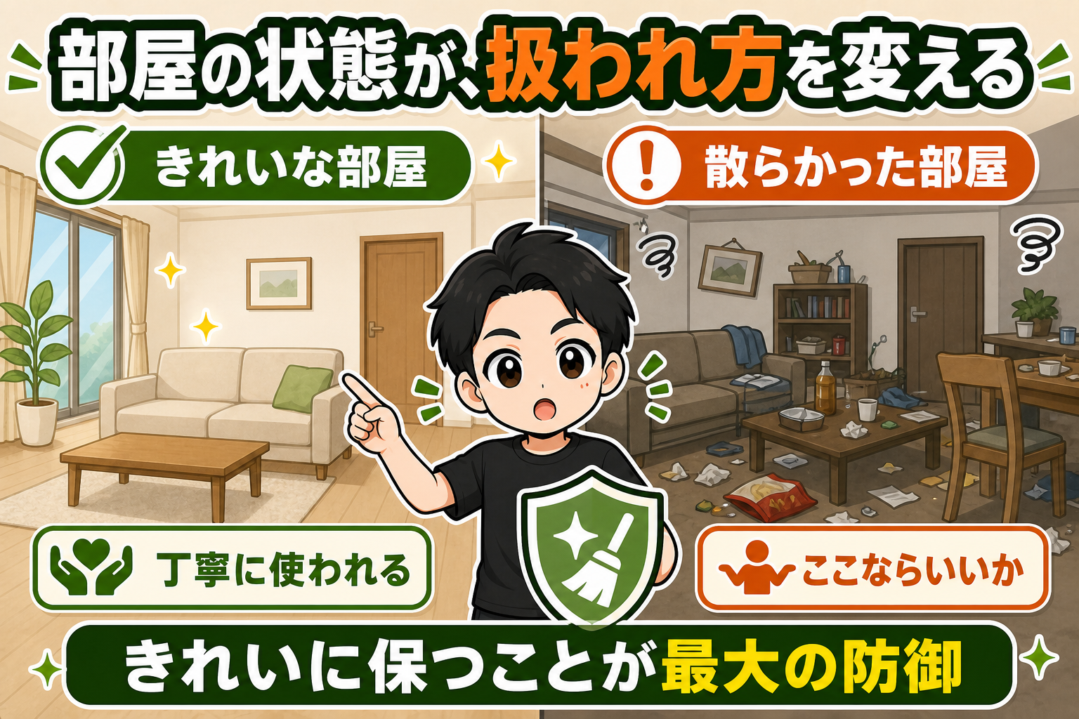 きれいな部屋は丁寧に使われ、散らかった部屋は雑に扱われやすいことを比較する図解