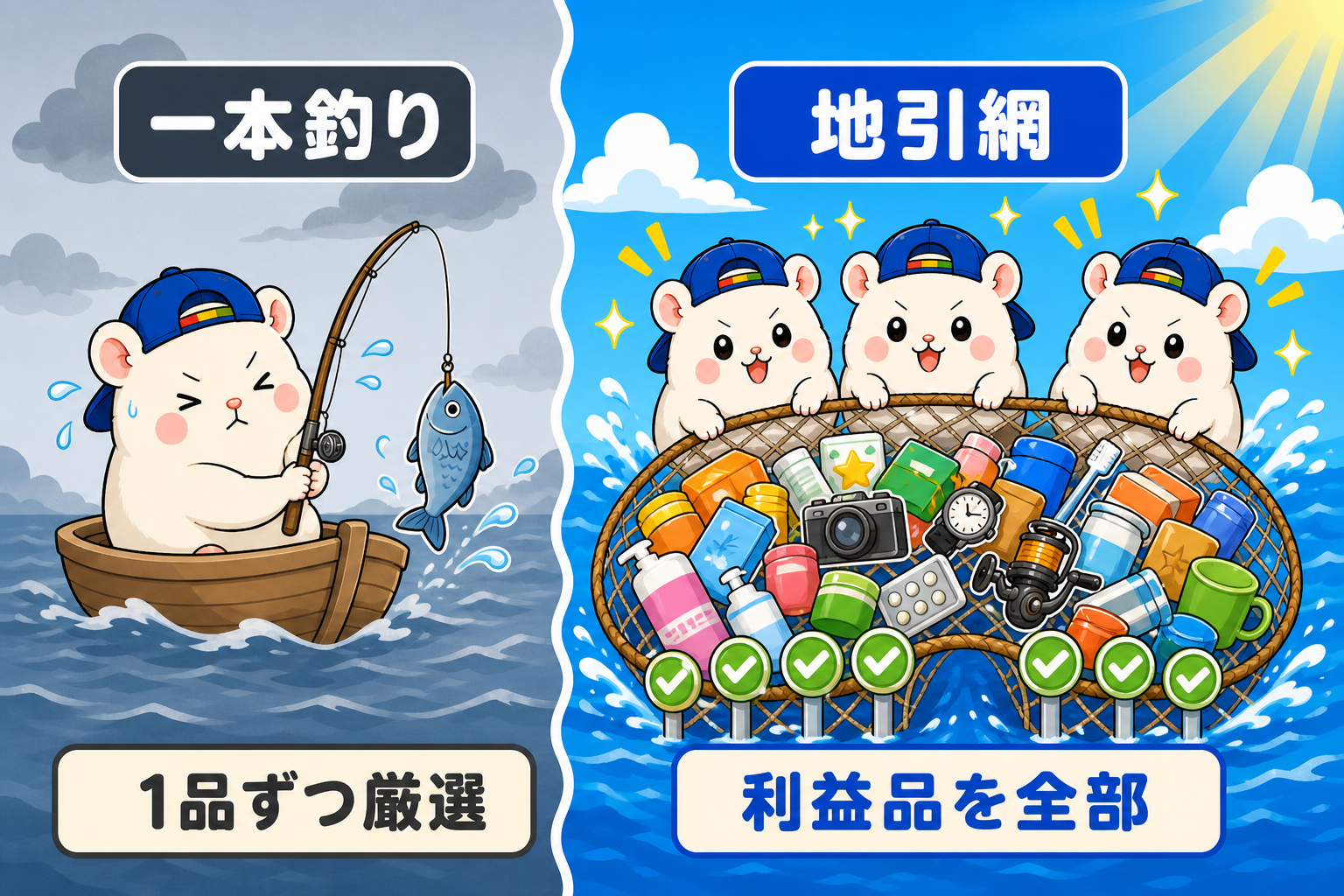 1品ずつ厳選する一本釣りと利益品を全部拾う地引網の比較