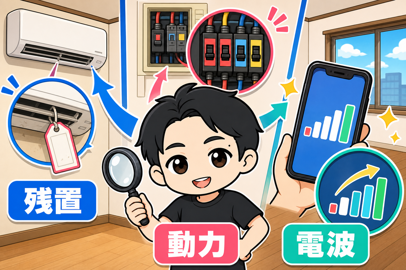 残置、動力、電波の3つを確認する図解