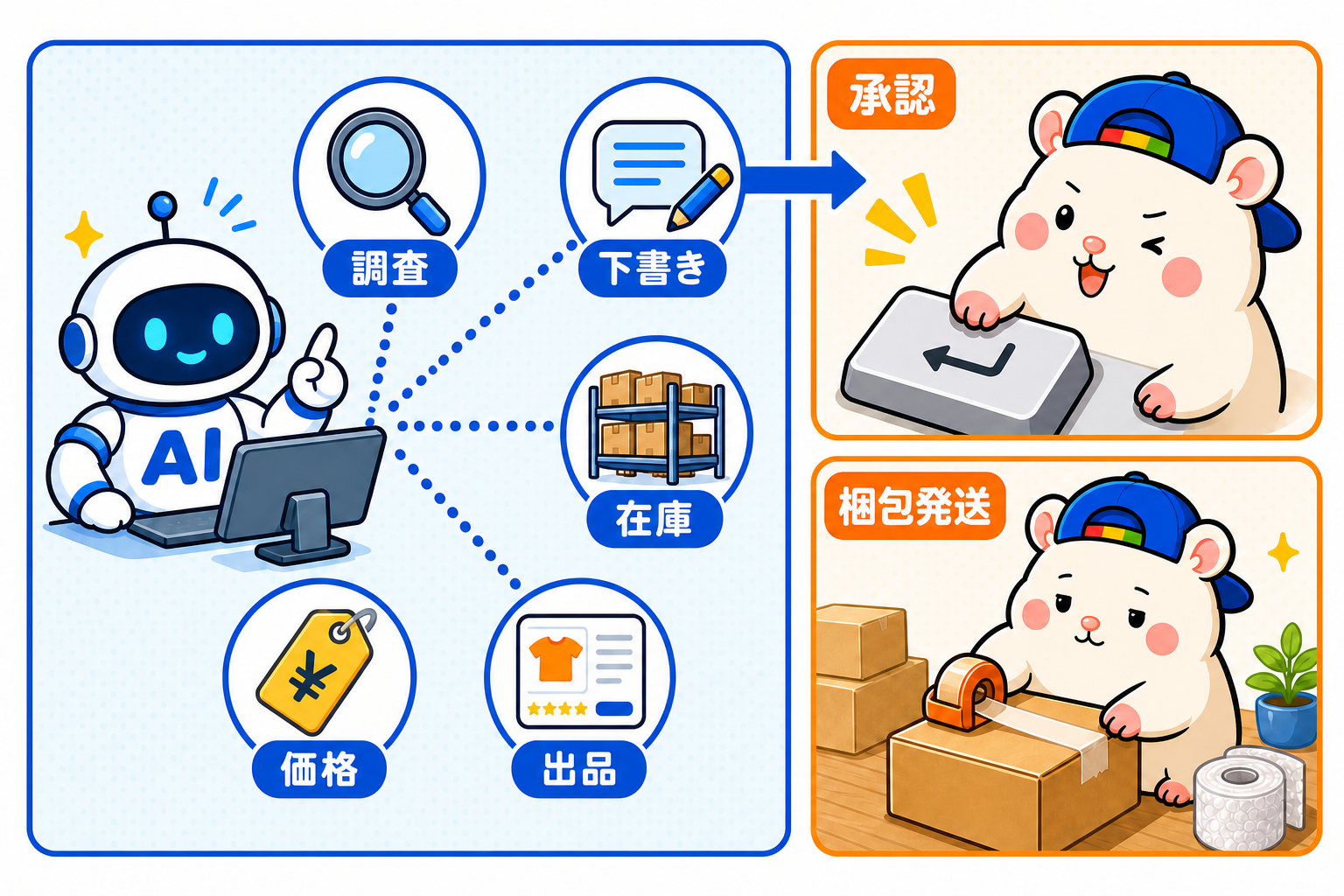 AIが調査・出品・在庫・価格・下書きを担当し、人は承認と梱包発送を担当