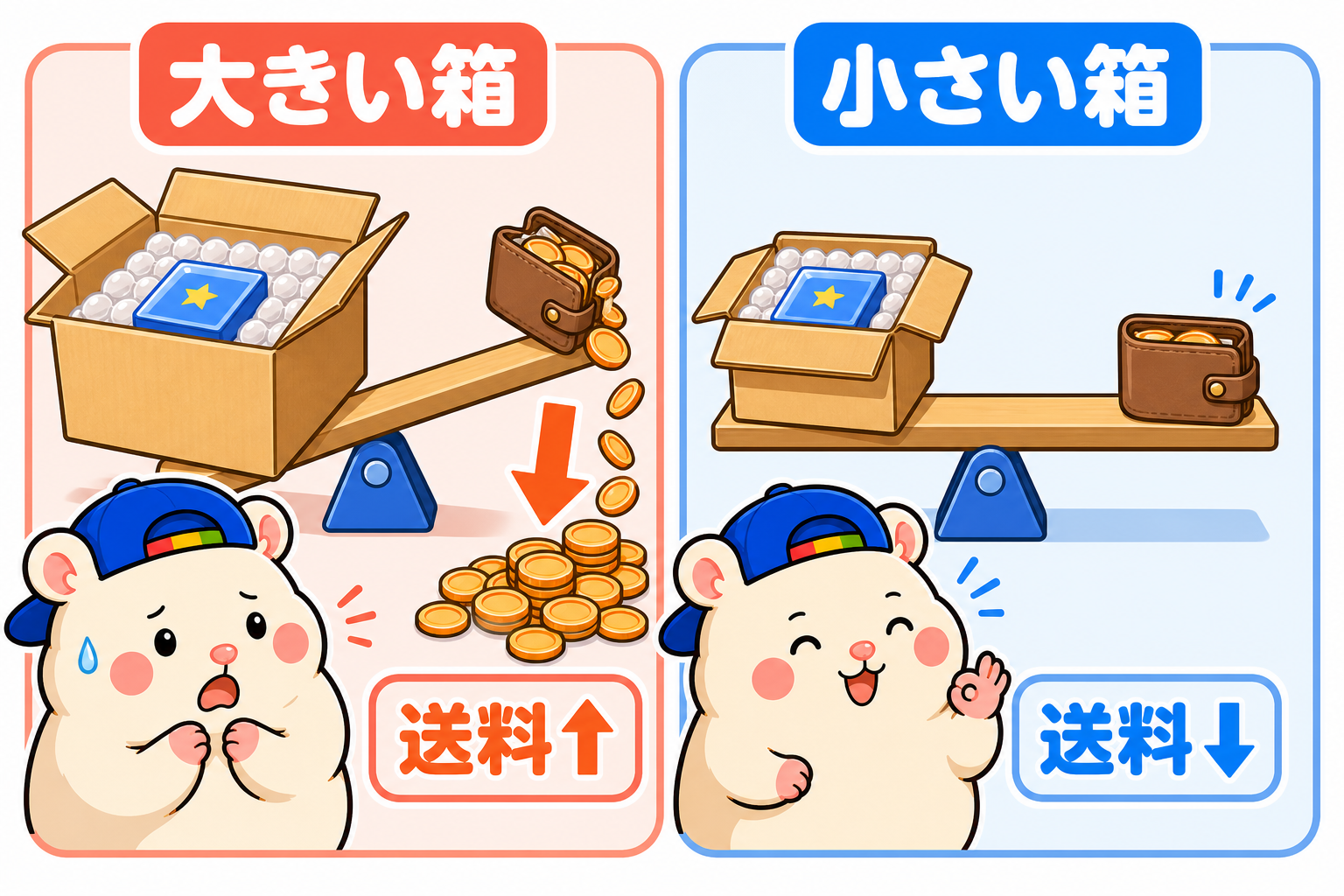 安全に小さく梱包して送料を抑える比較図