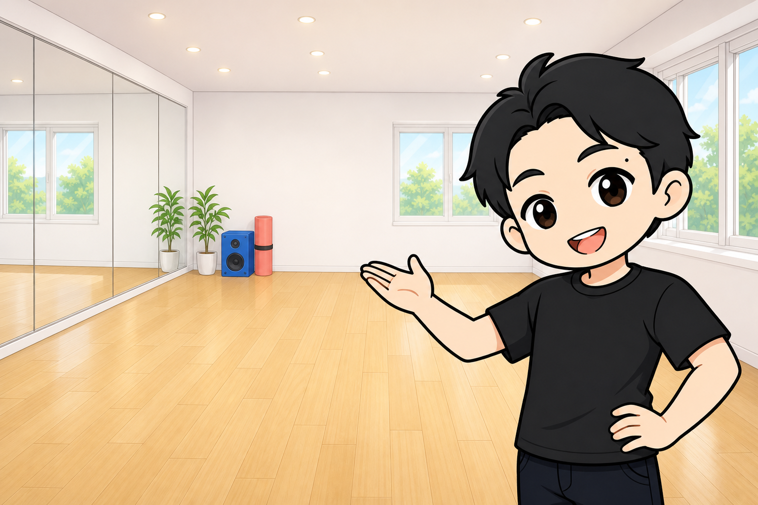 白壁と木目調の床の明るいダンススタジオ