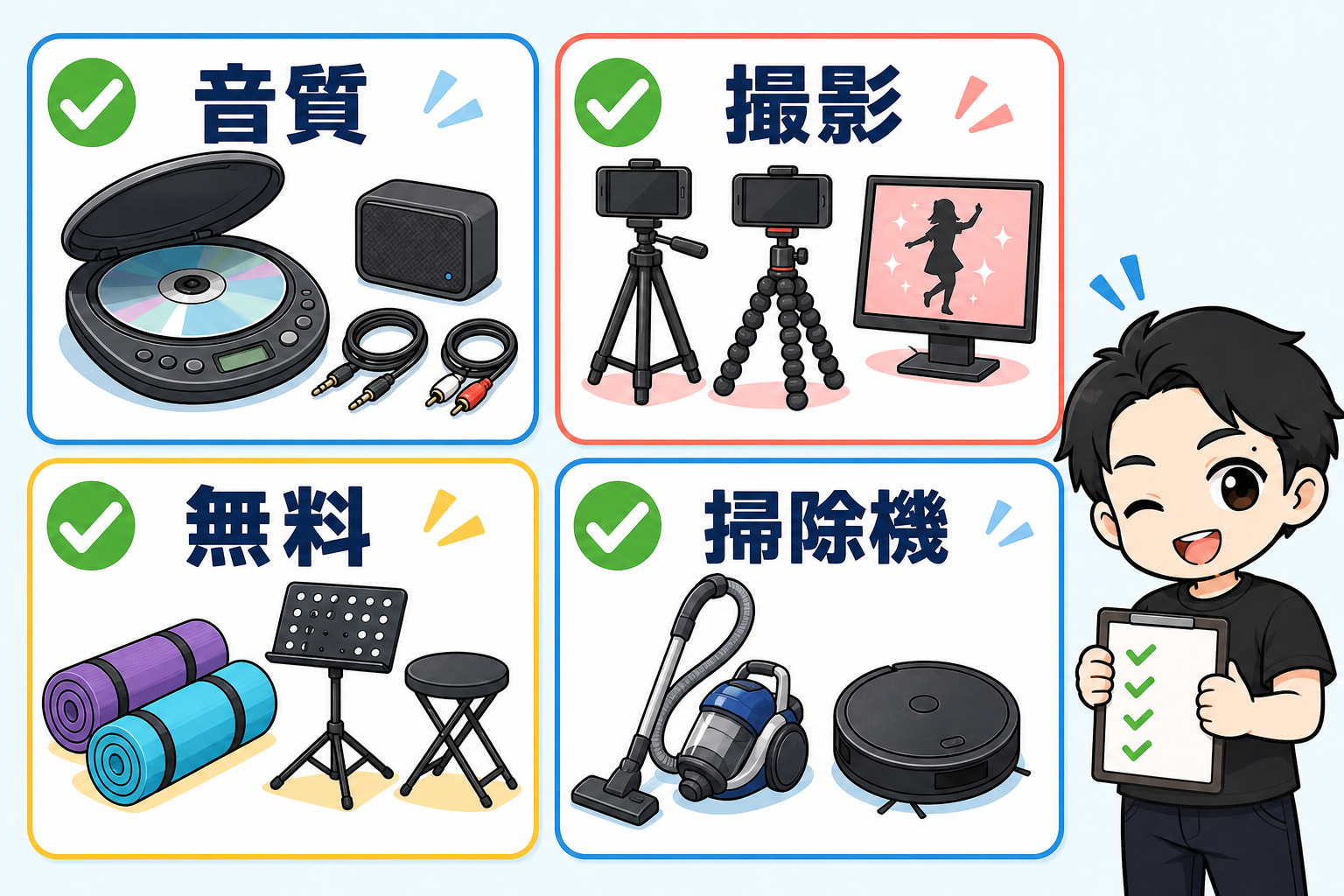 音響・撮影・無料備品・掃除機のチェックリスト