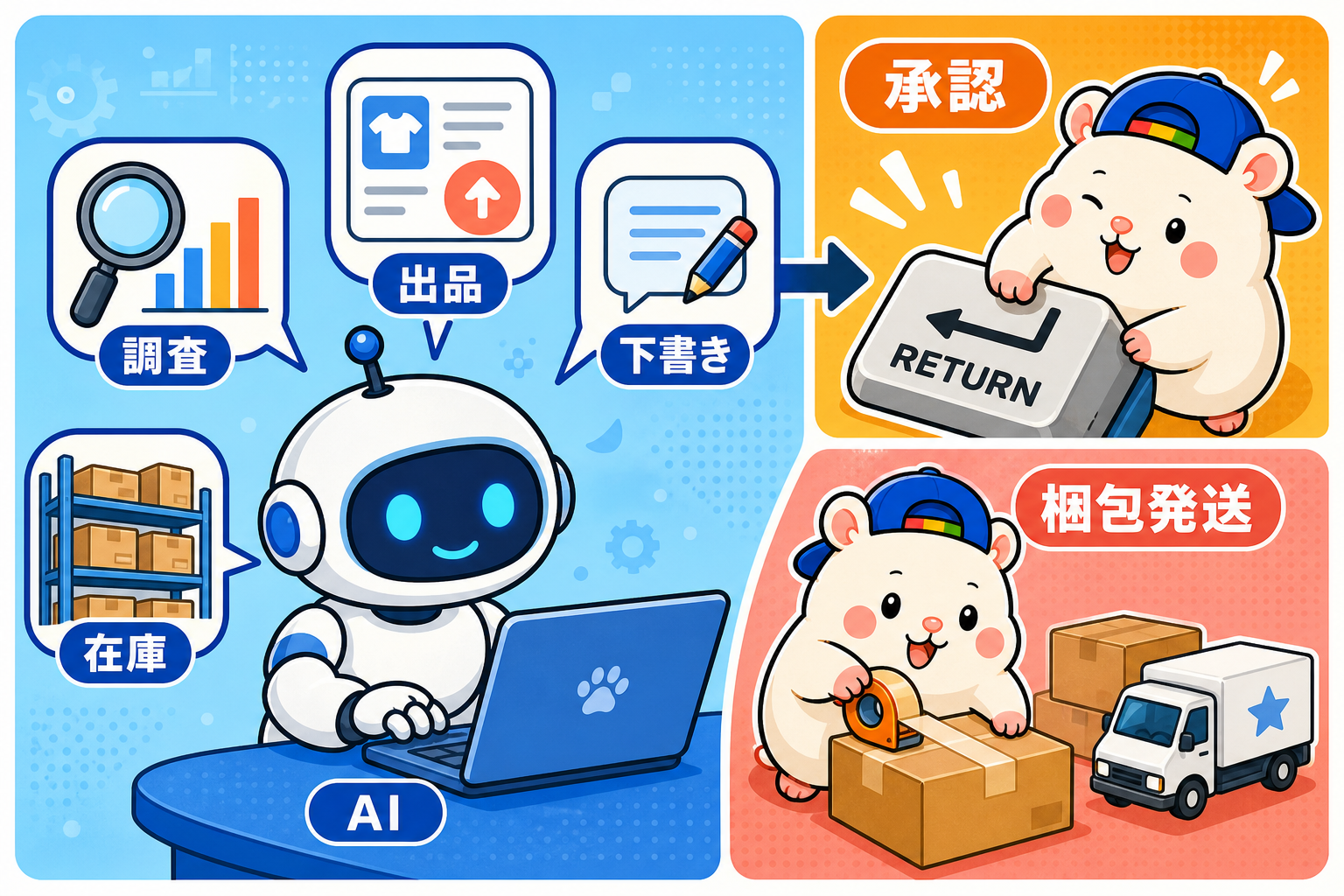 AIが調査・出品・在庫・下書きを担当し、人は承認と梱包発送を担当