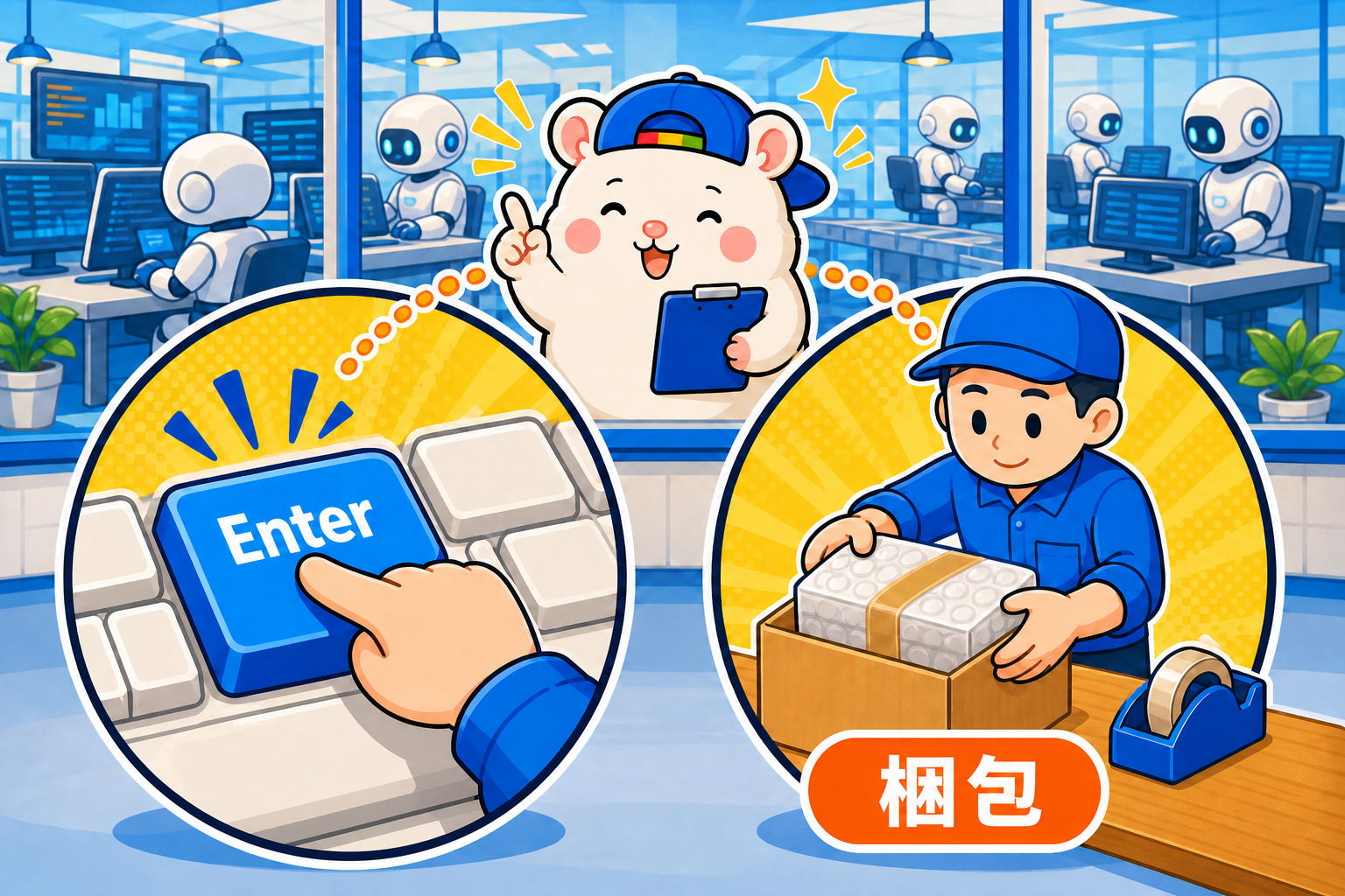 人間が担当するEnterキーと梱包発送