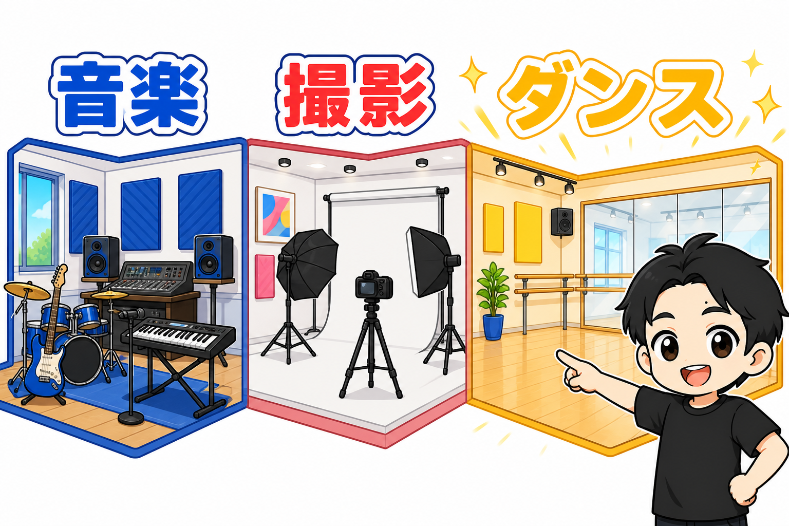 音楽・撮影・ダンスの3種類のレンタルスタジオ