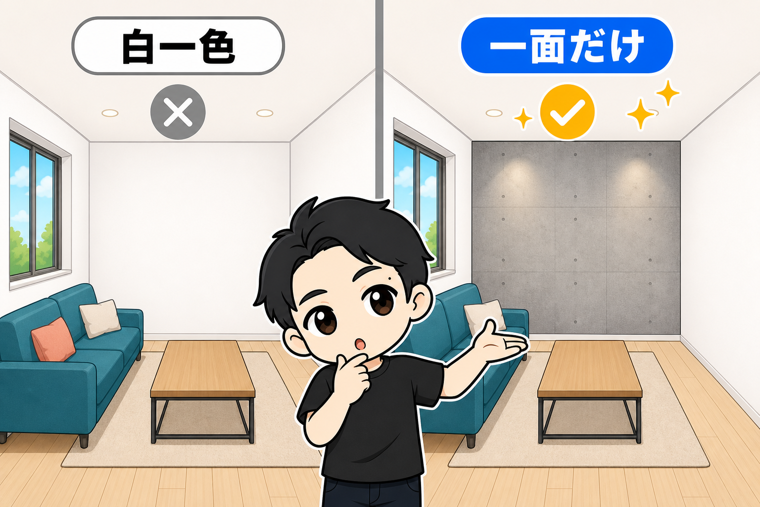 真っ白な壁と一面だけアクセントを入れた壁の比較
