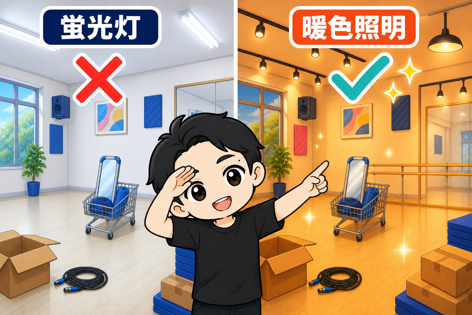 蛍光灯と暖色照明の比較