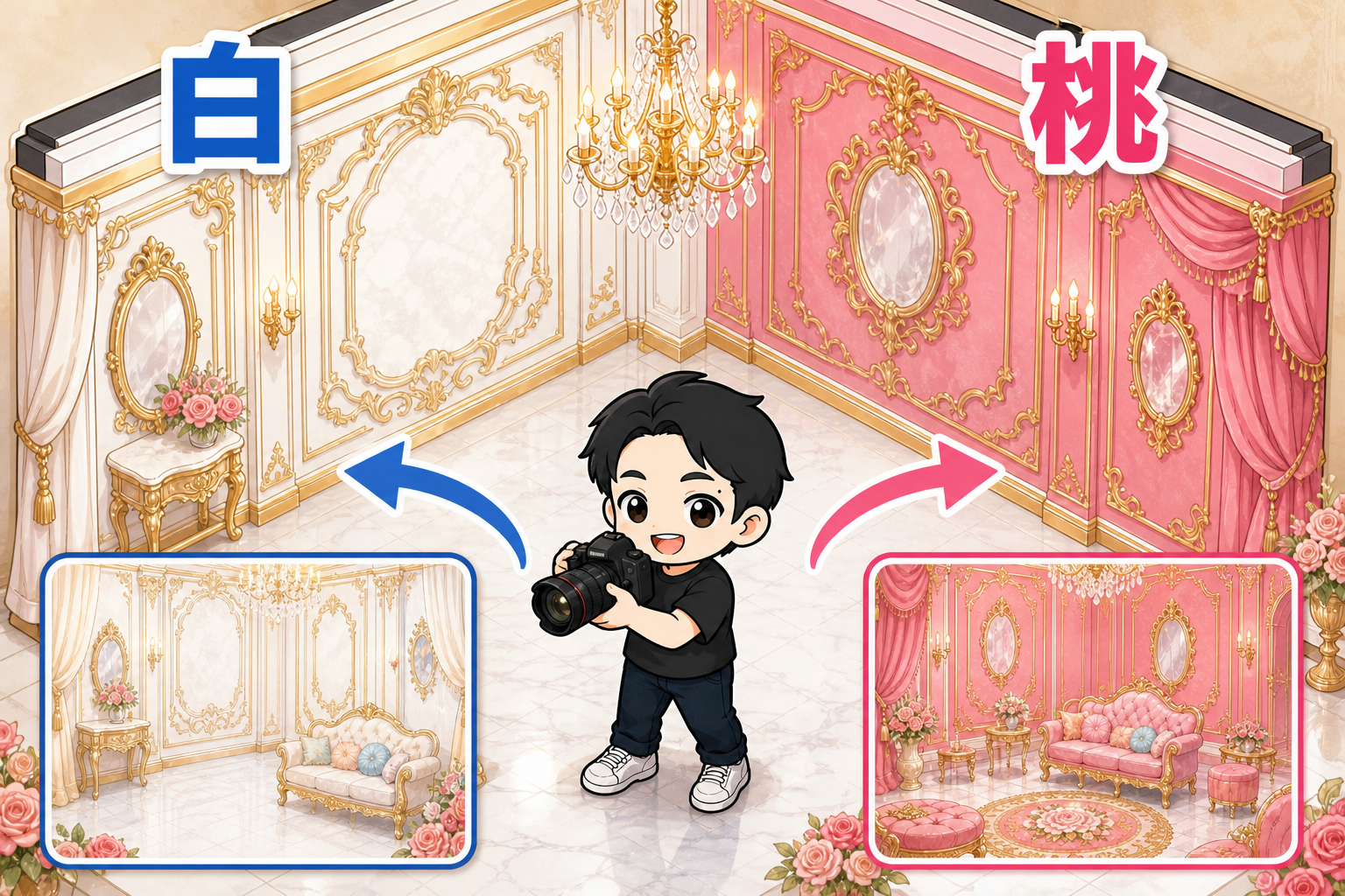 白とピンクの壁で画角を変える撮影スタジオ
