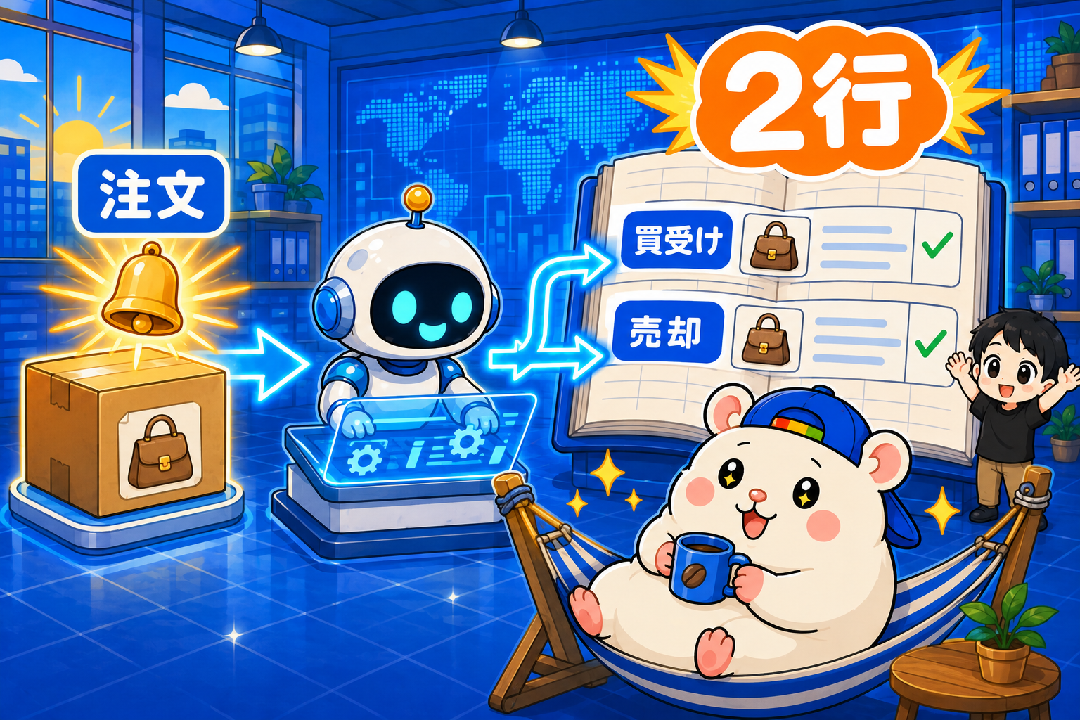 注文成立から買受けと売却の2行をAIが自動記帳する流れ