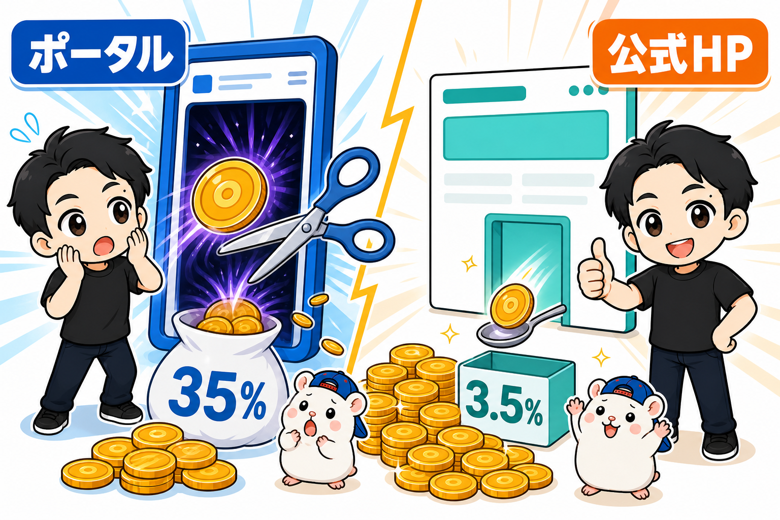 予約ポータルの手数料35%と公式HPの決済手数料3.5%の比較
