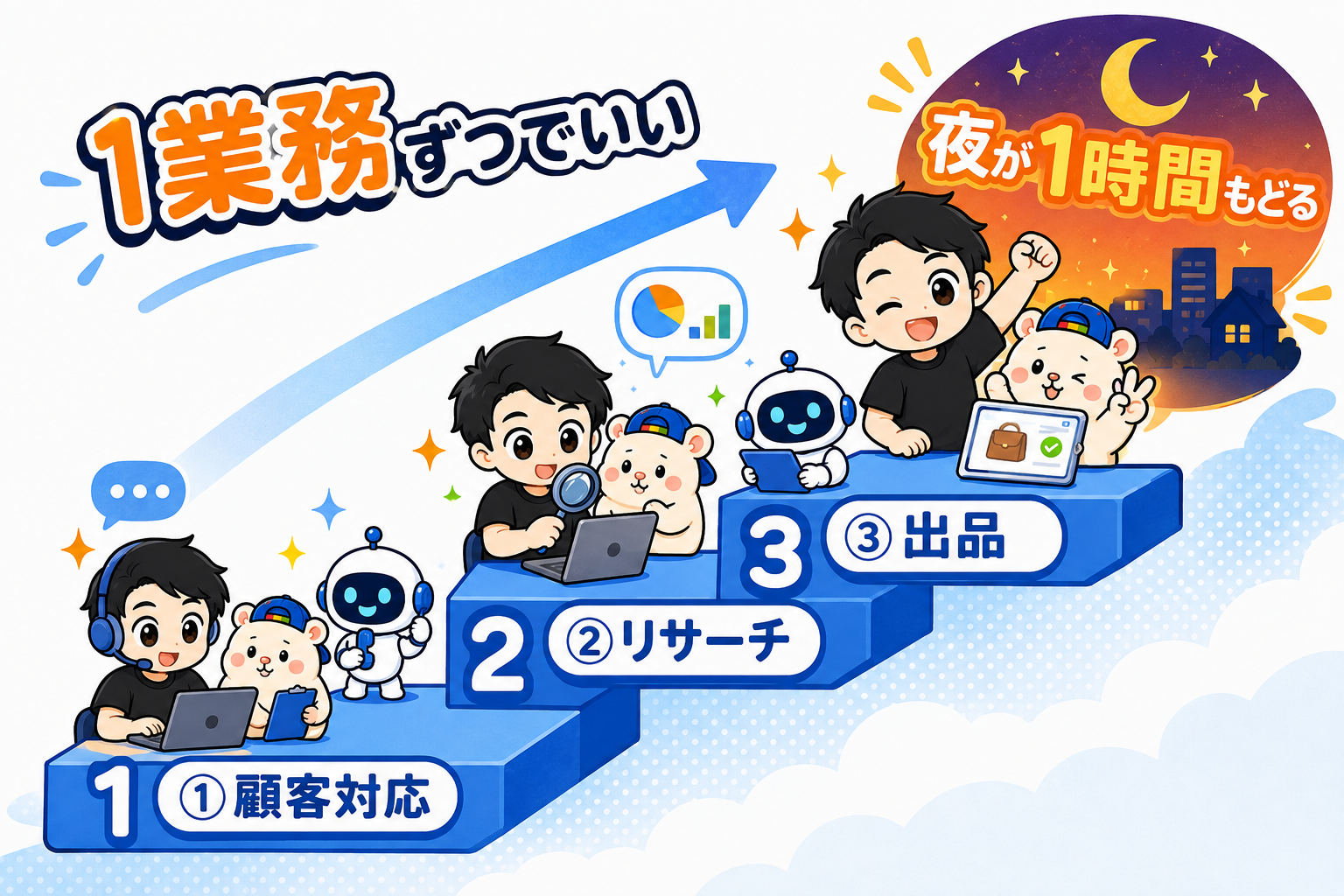 顧客対応、リサーチ、出品の順に1業務ずつAI化する