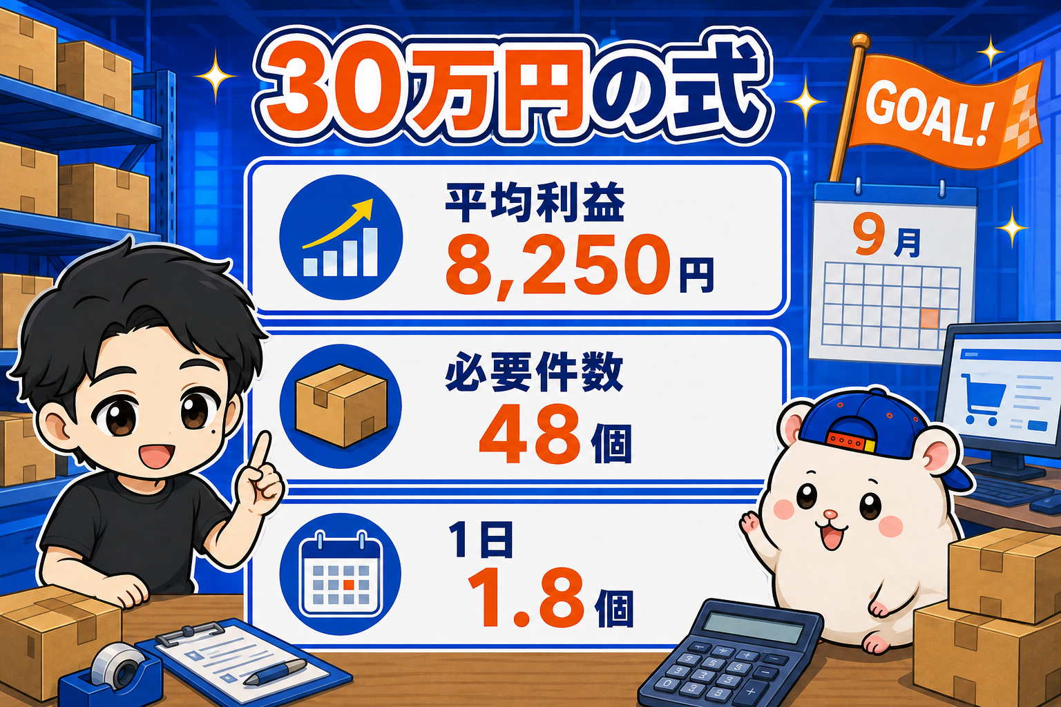 9月の最終利益30万円に必要な平均利益、件数、1日あたりの件数