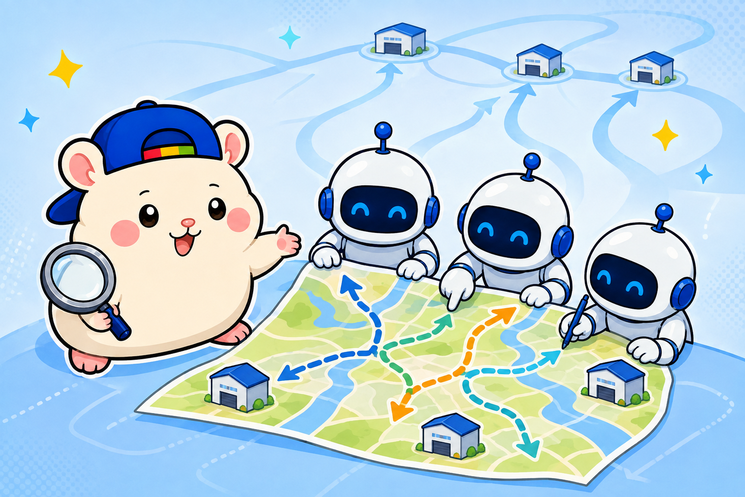 地図と虫めがねで新しい仕入先を探すチャムとAI社員