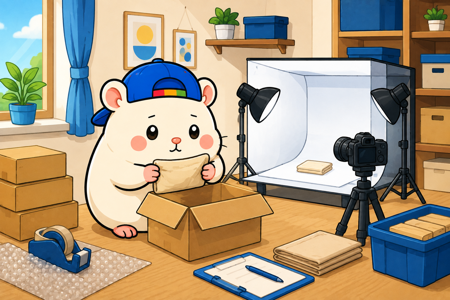 届いた商品を検品し撮影するチャム