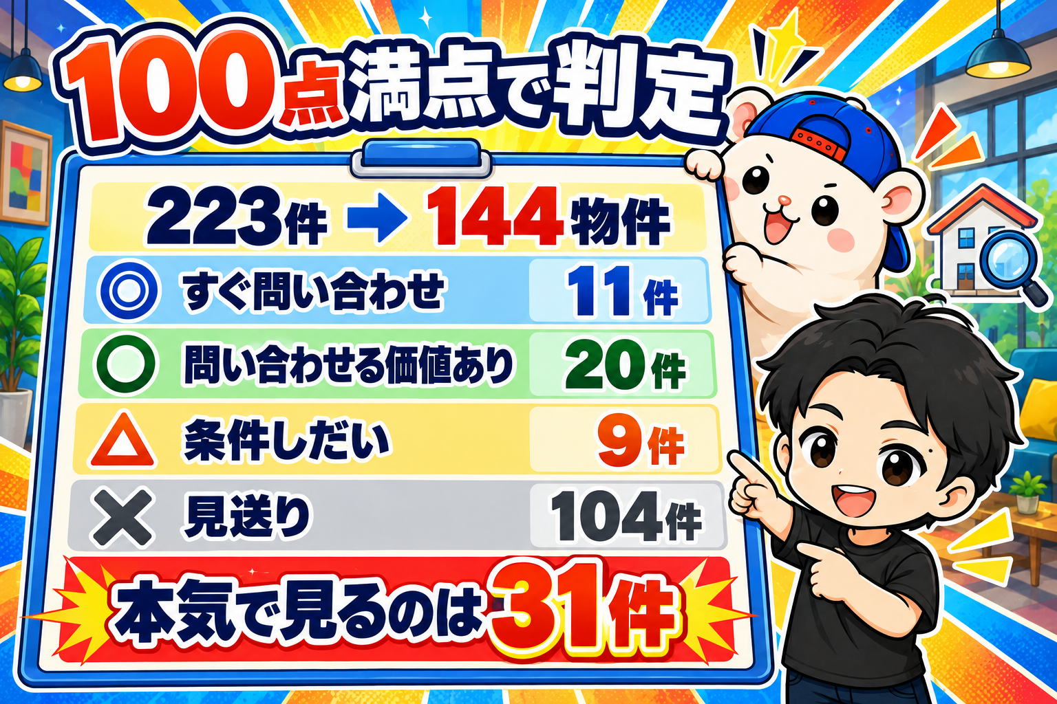 223件を144物件にまとめ、11件・20件・9件・104件に判定した結果