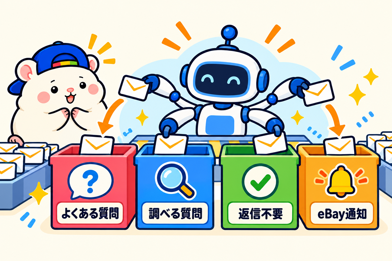 よくある質問、調べる質問、返信不要、eBay通知の4つに仕分け
