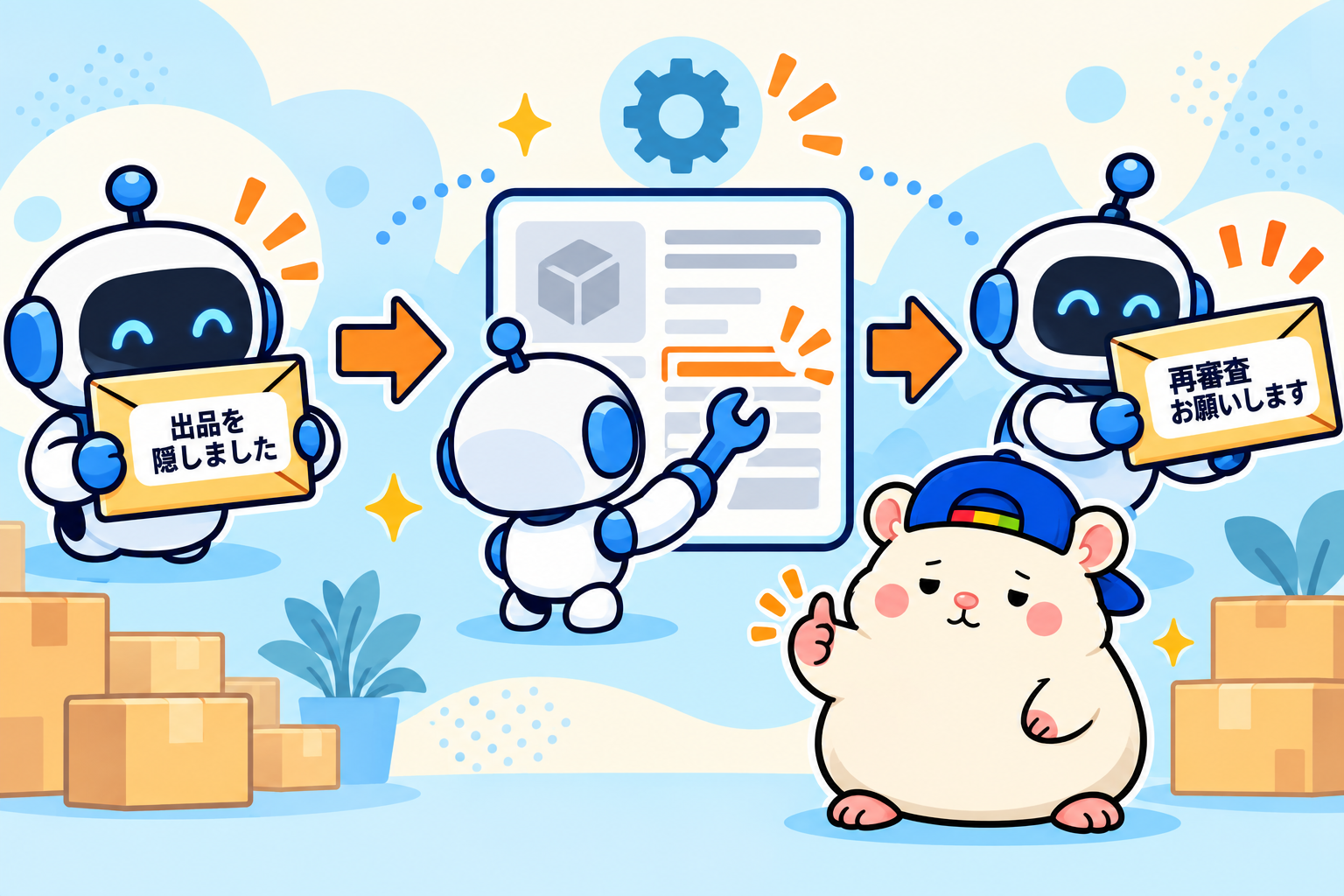 出品非表示の通知を受けて説明文を修正し再審査を依頼するAI社員