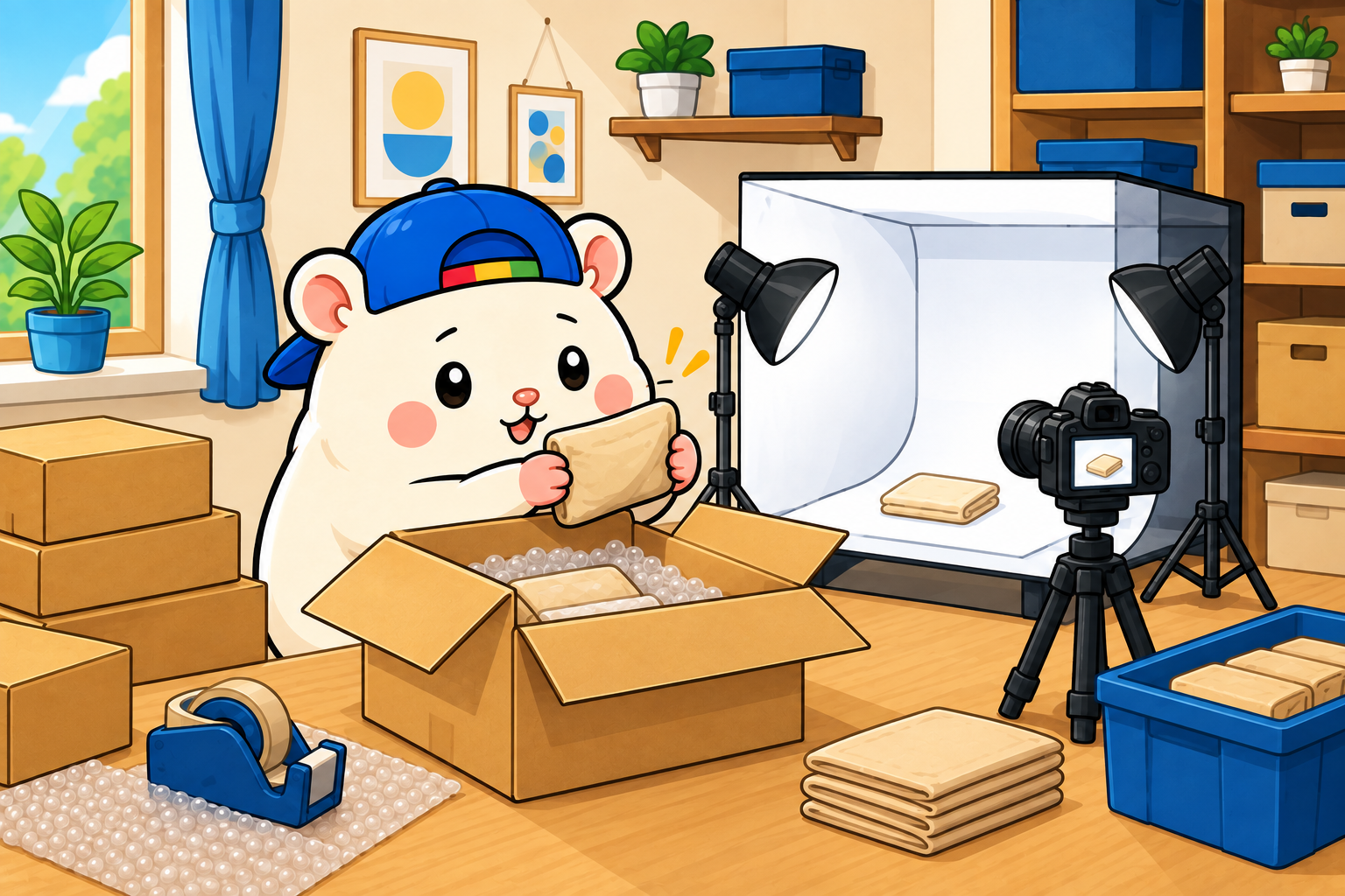 届いた箱を開け、撮影ライトとカメラを使って商品写真を撮るチャム