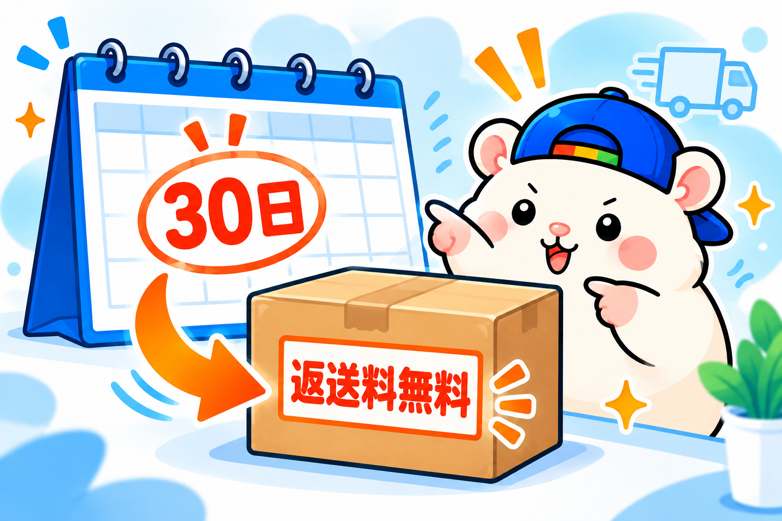 30日返品と返送料無料を示すカレンダーと返送箱