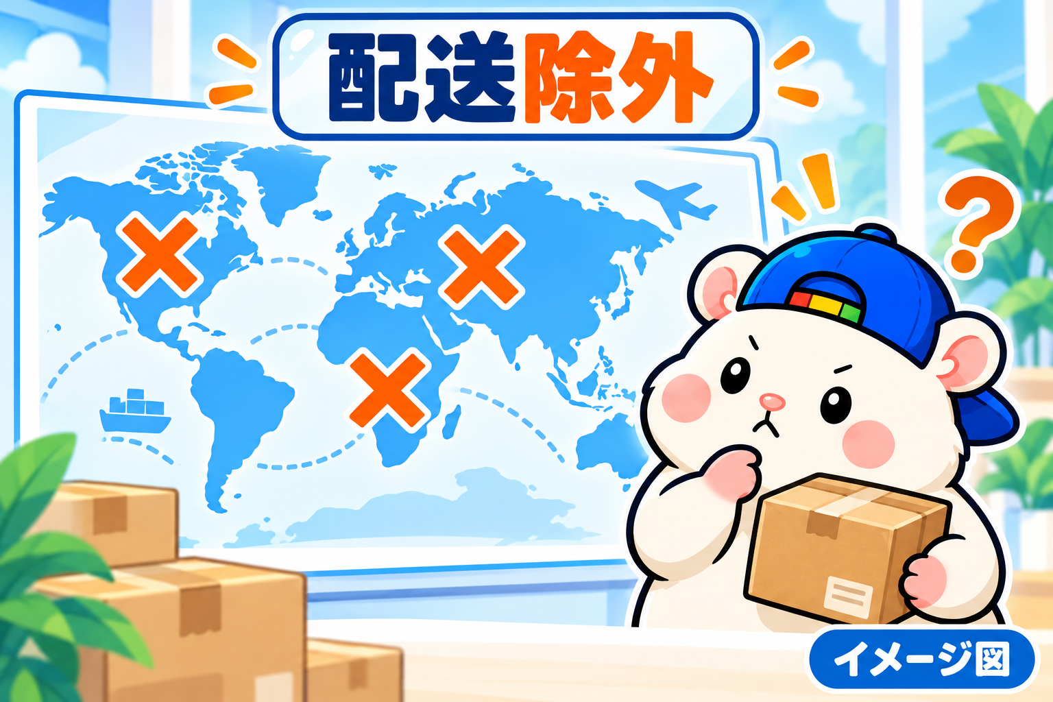 配送除外の考え方を示す世界地図のイメージ図