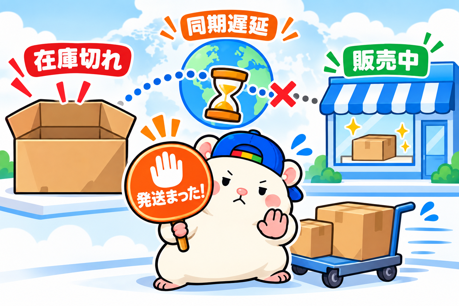 在庫切れでも海外側に販売中の表示が残り、発送を止める図