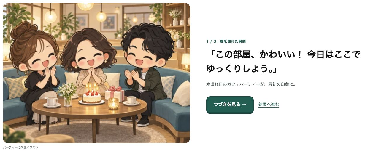 利用後は、お客さんの目線で部屋の印象を振り返れます。ゲーム内の体験とセリフです。