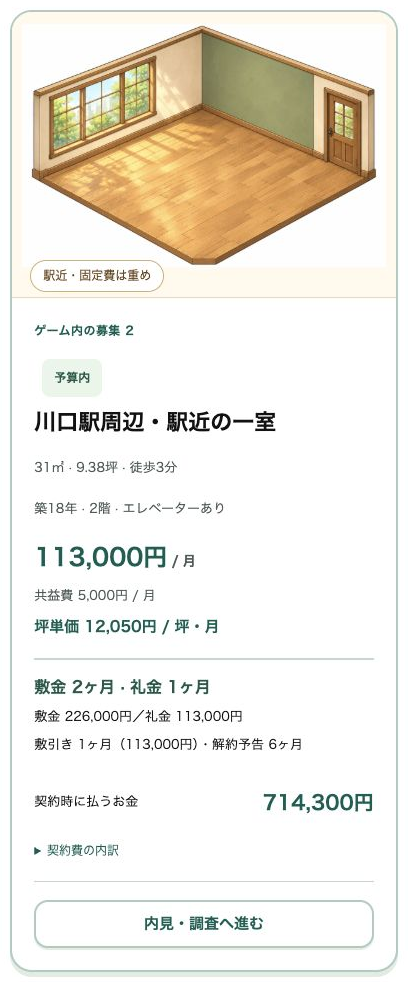 ゲーム内の募集例。家賃・坪単価に加えて、敷金・礼金と契約時に払う金額も確認できます。