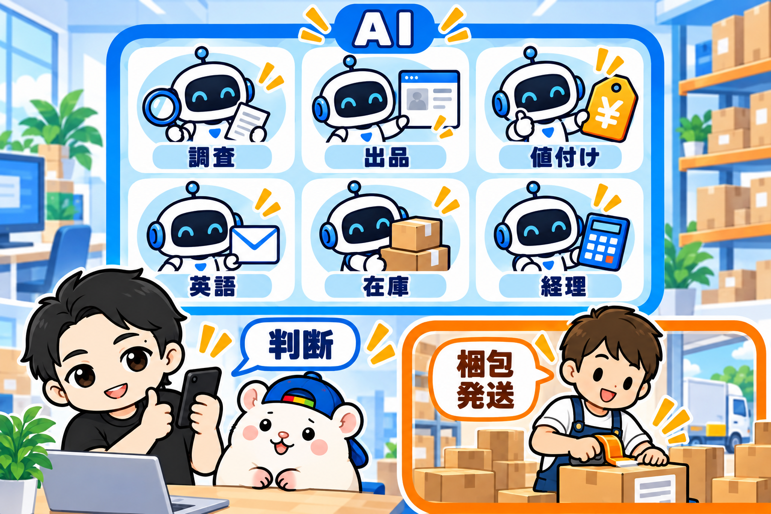AIが実務を担当し、人間が判断と梱包・発送を担当する役割分担