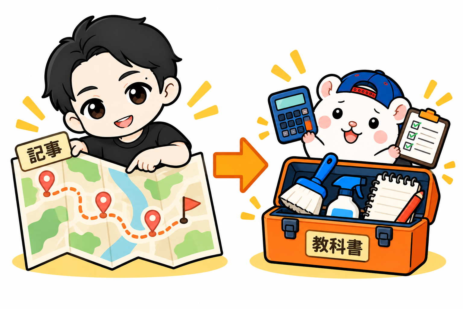 記事の地図と教科書の実践道具