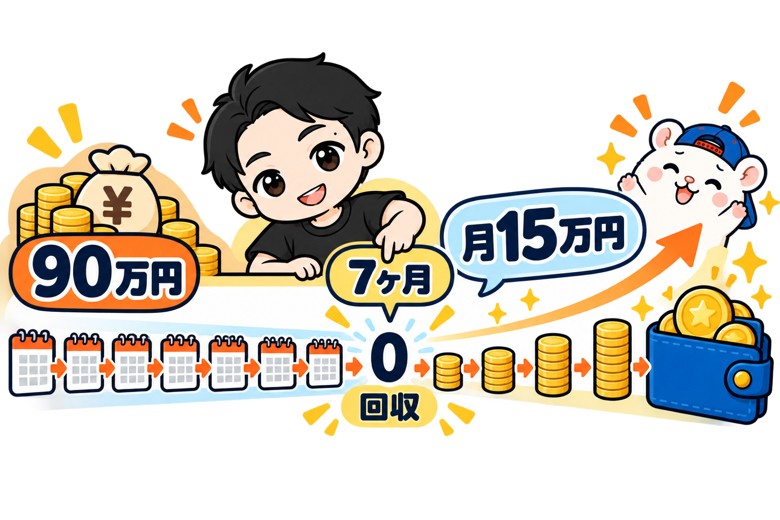 90万円が7ヶ月でゼロになり、その後も月15万円が積み上がる流れ