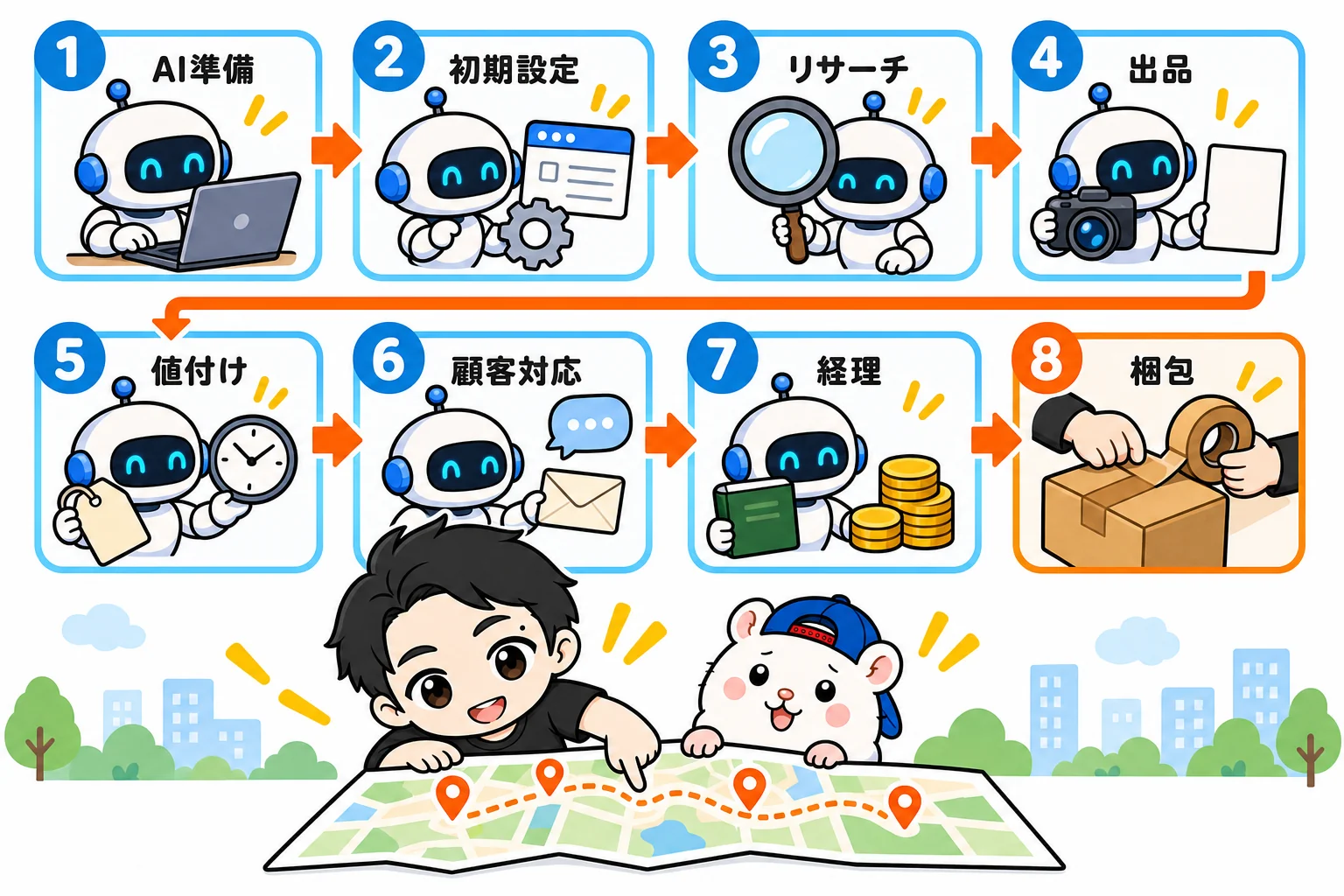AI社員が1〜7を受け持ち、8の梱包だけ人が受け持つ8ステップ