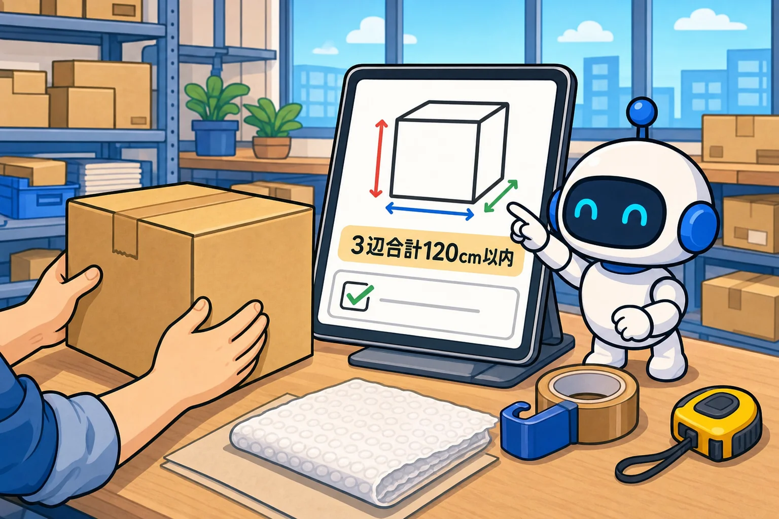 梱包発送アプリが3辺合計120cm以内の梱包の枠を示す