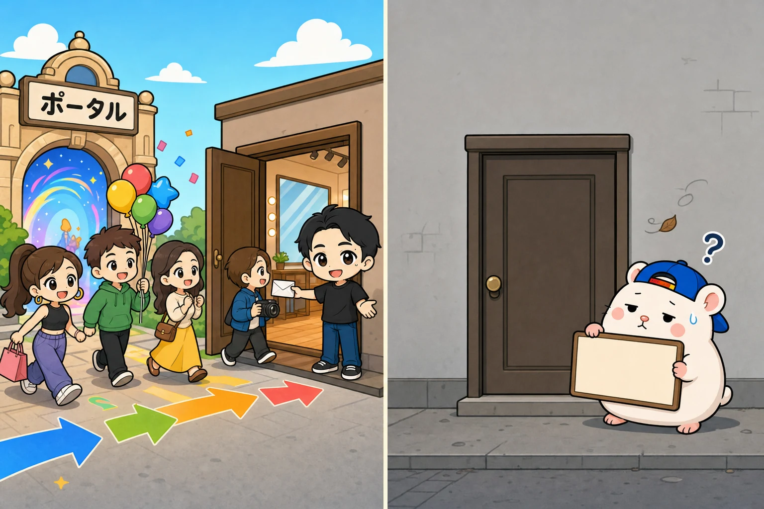 ポータルから予約のお客さんが部屋に流れこみ、きくりんが手数料を払っている。ポータルなしの部屋の前には人がいない