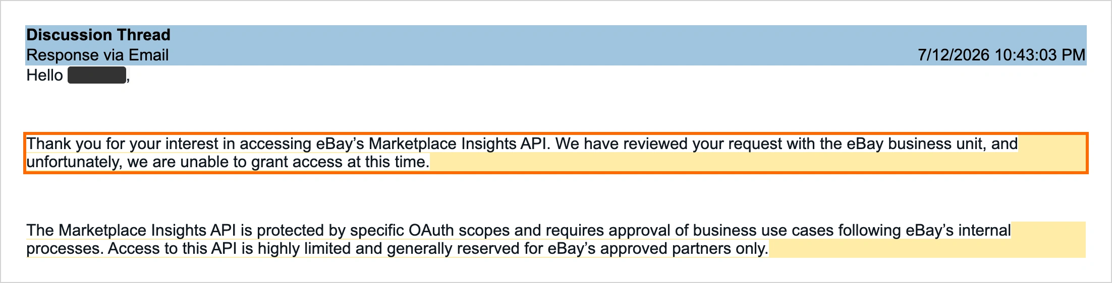 eBay Developer Supportから届いた、Marketplace Insights APIの申請を許可できないという返事