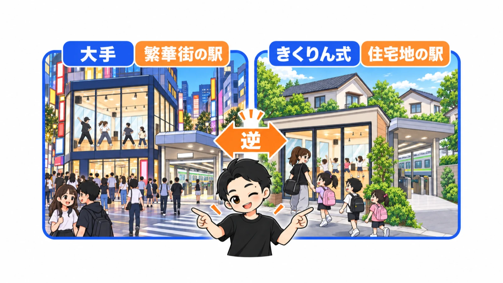 大手は繁華街の駅、きくりん式は住宅地の駅