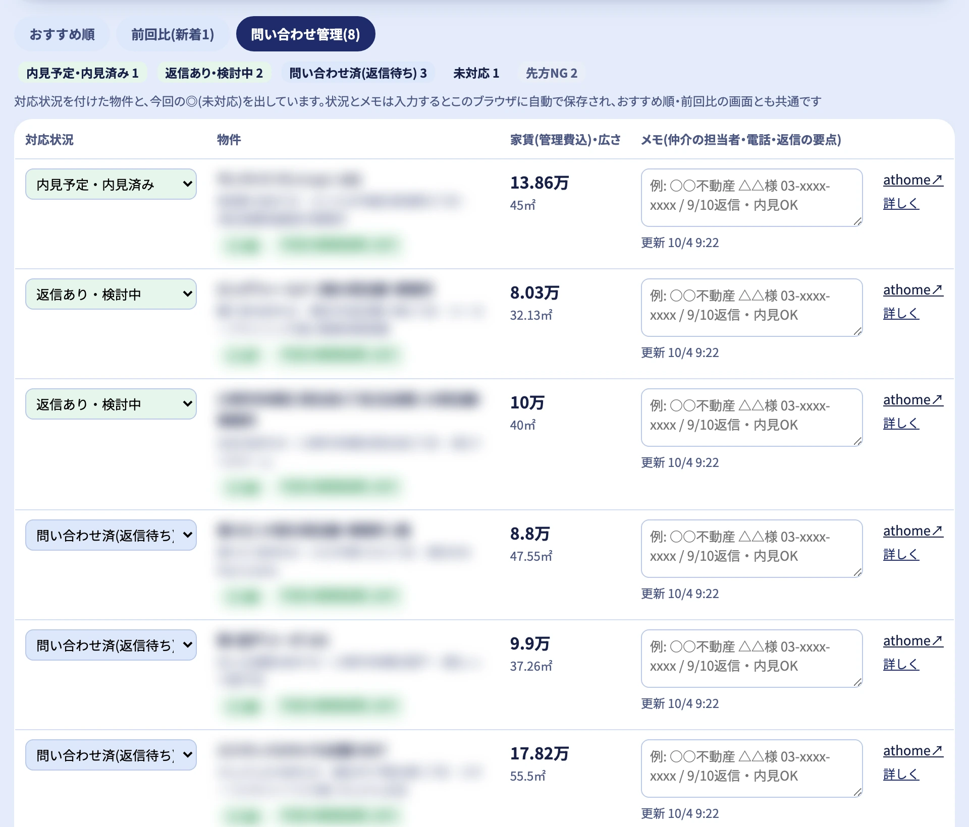 問い合わせの進み具合の一覧(物件探しツールの画面)